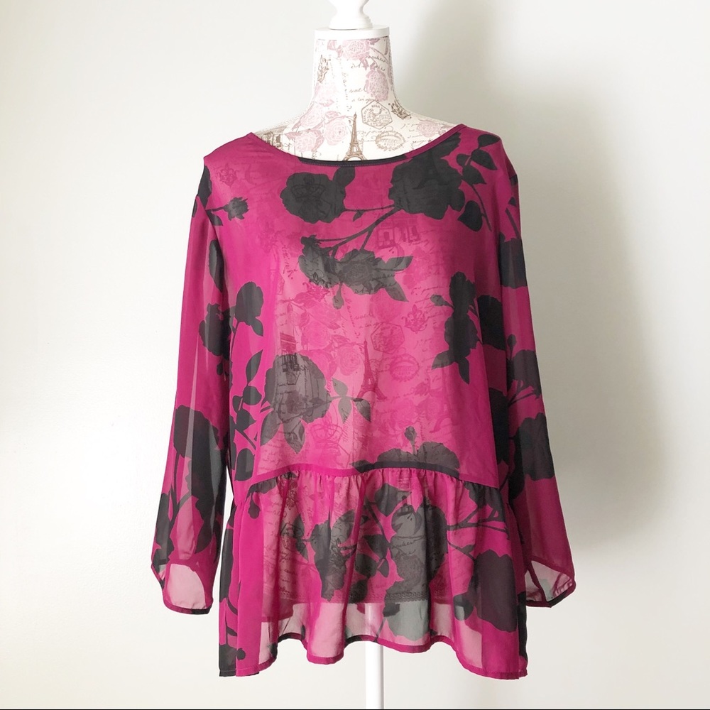 Old Navy Floral Sheer Chiffon Peplum Ruffle Hem Long Sleeve Blouse Magenta XL